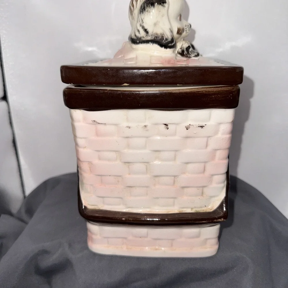 Vintage Napco MCM Basket Weave Cookie Jar w/ Lid With Bla&whit Puppy Basket Pink